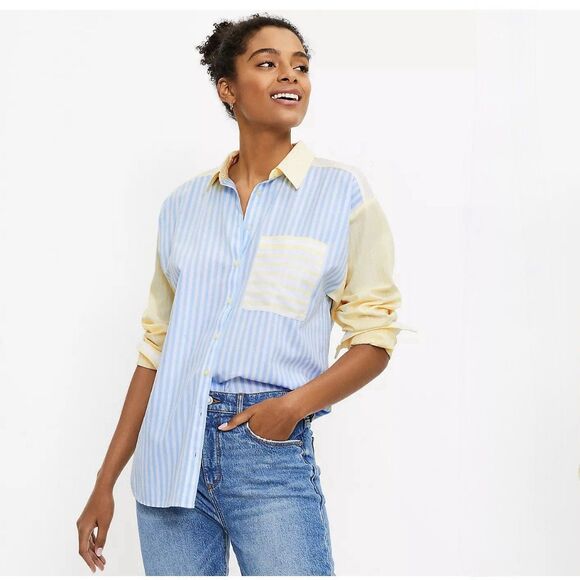 LOFT Women SMALL Long Sleeve Collared Striped Blue Yellow Pocket ButtonUp Shirt - Picture 1 of 10